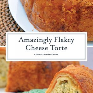This Cheese Torte combines 3 types of cheese with spinach, artichoke and seasoning in crispy layers of buttery Phyllo dough. The ultimate appetizer, side dish or brunch dish! #cheesetorte #spinachandartichoke www.savoryexperiments.com