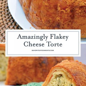 This Cheese Torte combines 3 types of cheese with spinach, artichoke and seasoning in crispy layers of buttery Phyllo dough. The ultimate appetizer, side dish or brunch dish! #cheesetorte #spinachandartichoke www.savoryexperiments.com