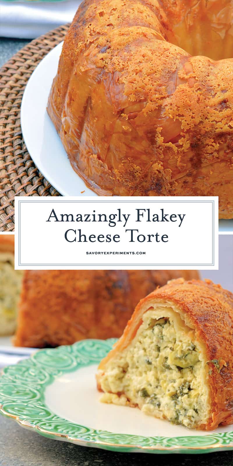 This Cheese Torte combines 3 types of cheese with spinach, artichoke and seasoning in crispy layers of buttery Phyllo dough. The ultimate appetizer, side dish or brunch dish! #cheesetorte #spinachandartichoke www.savoryexperiments.com