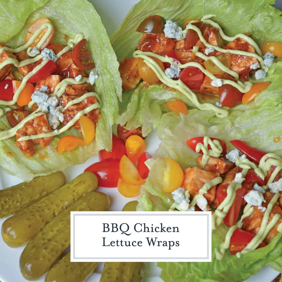 BBQ Chicken Lettuce Wraps use seasoned chicken with your favorite BBQ sauce and wrap them in crispy lettuce with juicy tomatoes, blue cheese and cool avocado dressing. #lettucewraps www.savoryexperiments.com