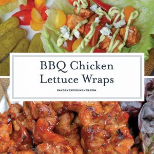 BBQ Chicken Lettuce Wraps use seasoned chicken with your favorite BBQ sauce and wrap them in crispy lettuce with juicy tomatoes, blue cheese and cool avocado dressing. #lettucewraps www.savoryexperiments.com