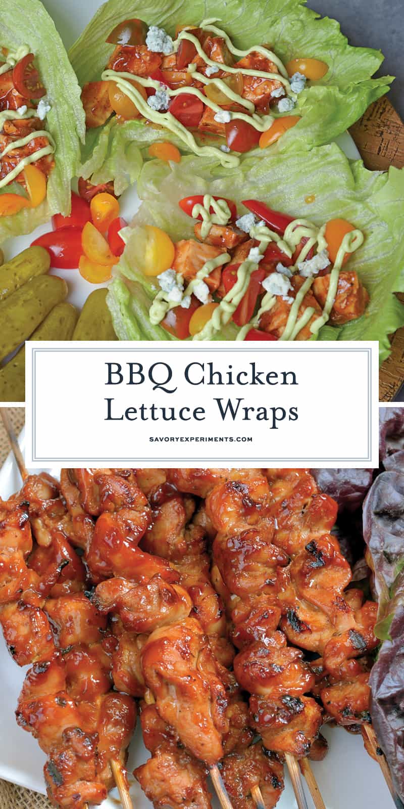 BBQ Chicken Lettuce Wraps use seasoned chicken with your favorite BBQ sauce and wrap them in crispy lettuce with juicy tomatoes, blue cheese and cool avocado dressing. #lettucewraps www.savoryexperiments.com 