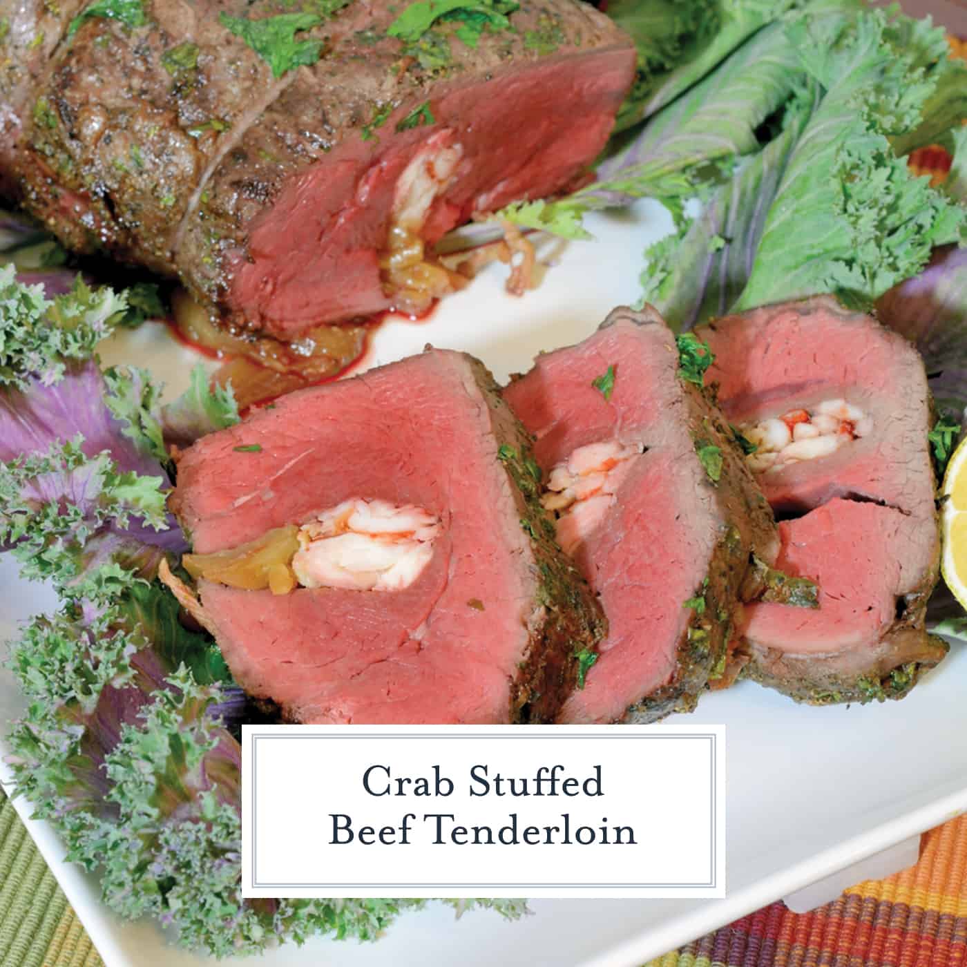 Crab Stuffed Beef Tenderloin takes a tenderloin and fills the center with buttered crab and caramelized onions, then baked to perfection with a black pepper bark. #beeftenderloinrecipe www.savoryexperiments.com 