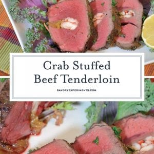 Crab Stuffed Beef Tenderloin takes a tenderloin and fills the center with buttered crab and caramelized onions, then baked to perfection with a black pepper bark. #beeftenderloinrecipe www.savoryexperiments.com