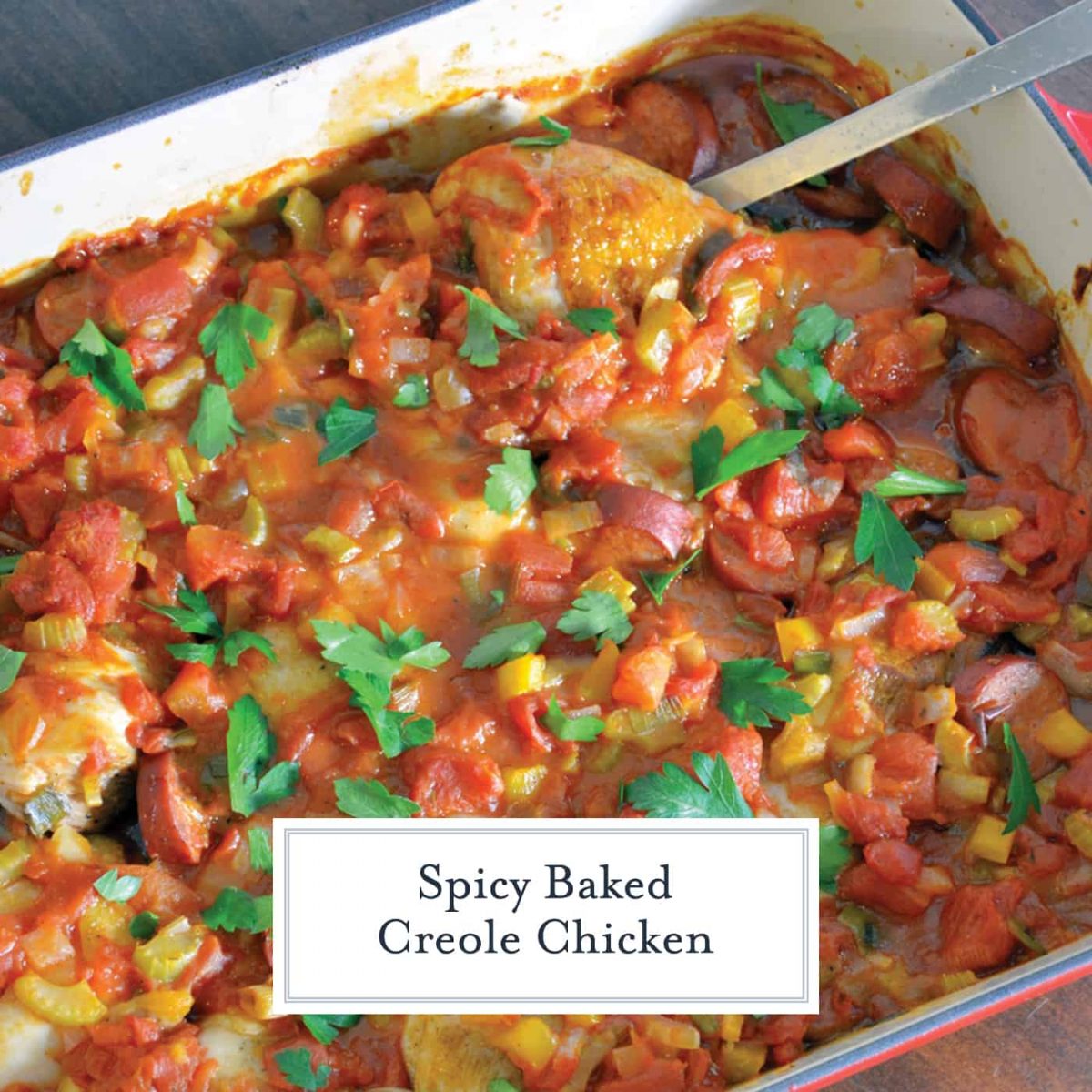 Creole Chicken is a baked chicken recipe using a spicy tomato-based sauce with vegetables and spices. Serve over rice. #spicybakedchicken www.savoryexperiments.com