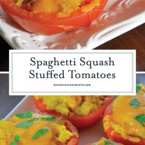 Spaghetti Squash Stuffed Tomatoes are juicy hallowed out tomatoes filled with spaghetti squash and topped with gooey cheddar cheese. The perfect low carb side dish! #lowcarbsidedish #tomatorecipes #spaghettisquashrecipes www.savoryexperiments.com