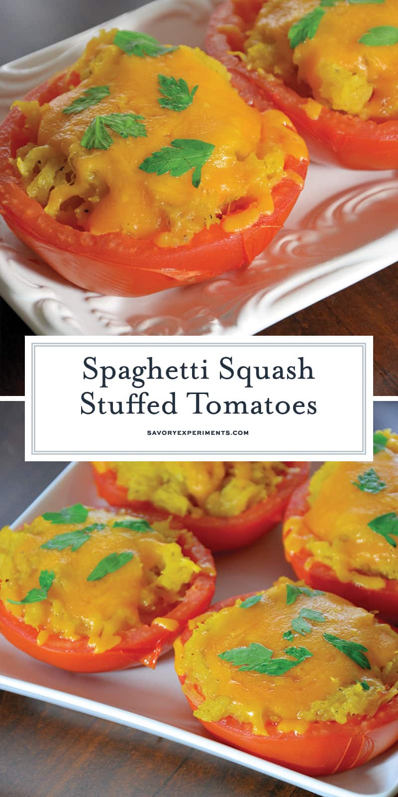 Spaghetti Squash Stuffed Tomatoes are juicy hallowed out tomatoes filled with spaghetti squash and topped with gooey cheddar cheese. The perfect low carb side dish! #lowcarbsidedish #tomatorecipes #spaghettisquashrecipes www.savoryexperiments.com 