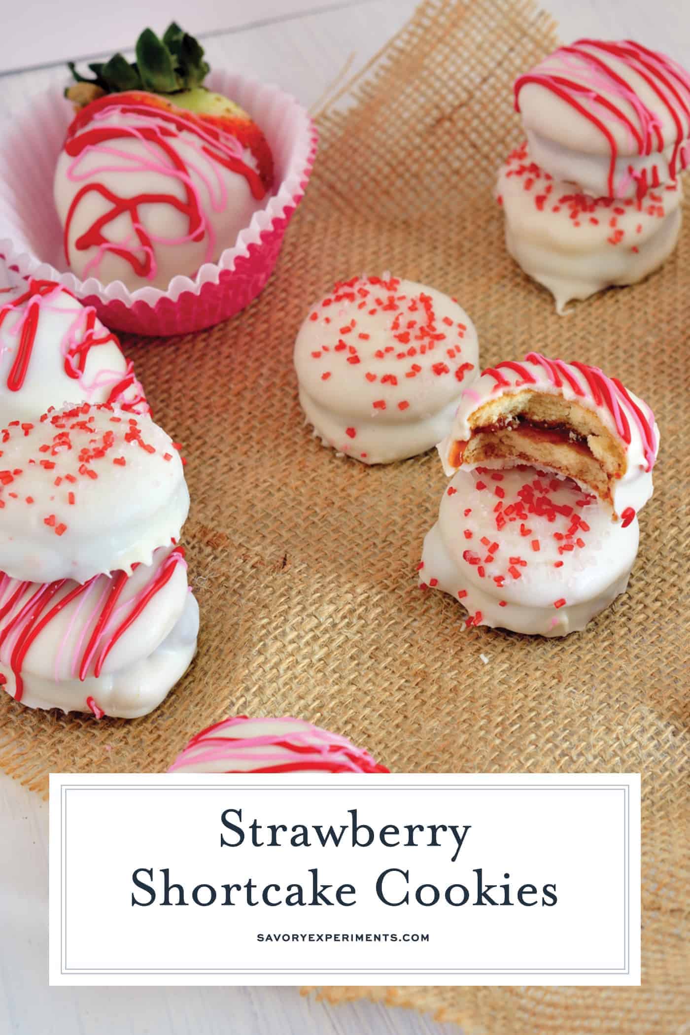 Strawberry Shortcake Cookies are a easy to make no-bake cookies that sandwich vanilla wafers with jam and are then dipped in white chocolate. #nobakecookies #strawberryshortcakecookies www.savoryexperiments.com
