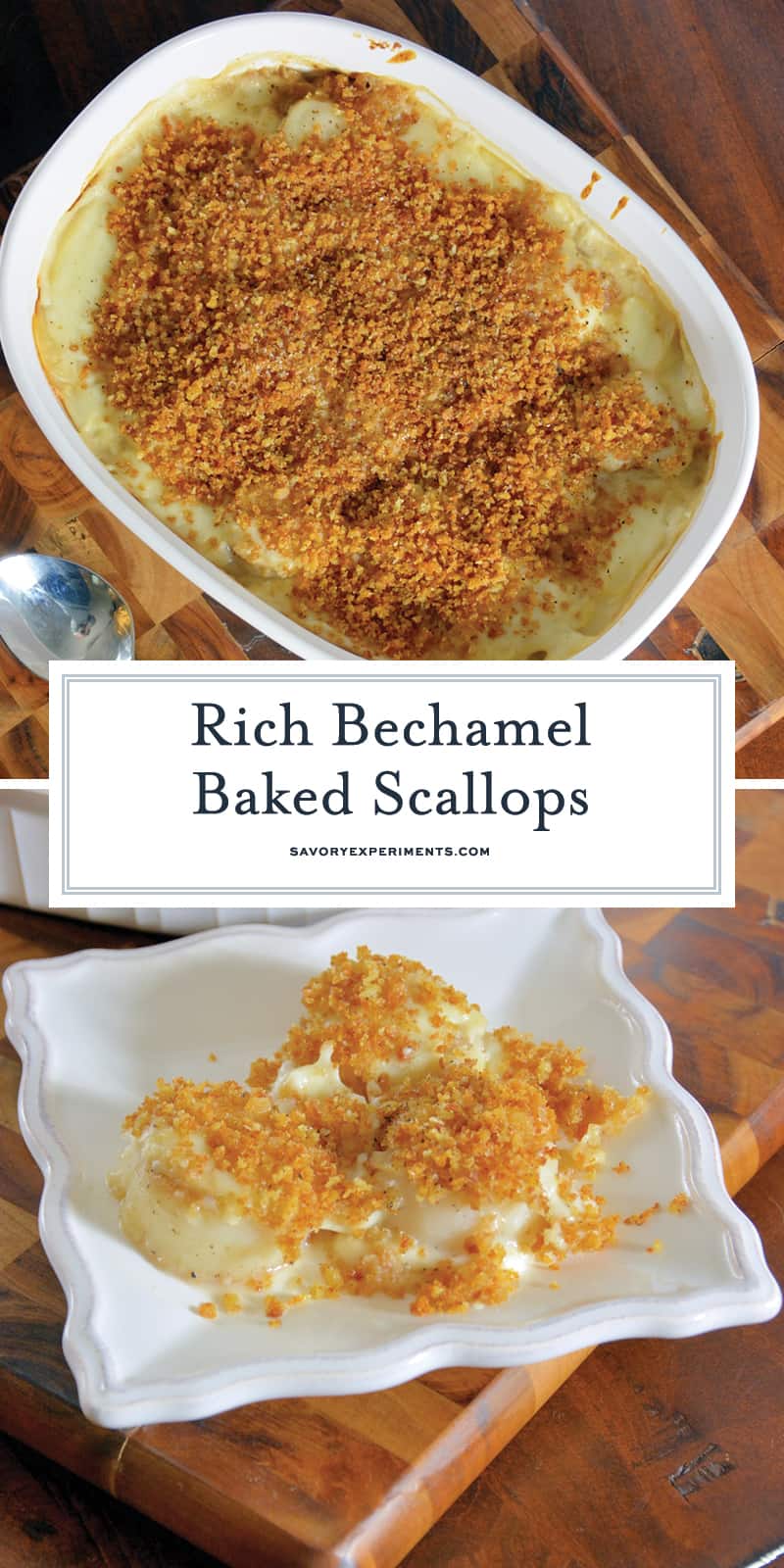 Bechamel Baked Scallops cover scallops in a spiced, creamy bechamel sauce and top with crunchy bread crumbs. The perfect side dish for steak or vegetarian entree! #scalloprecipe #howtomakescallopsathome www.savoryexperiments.com 