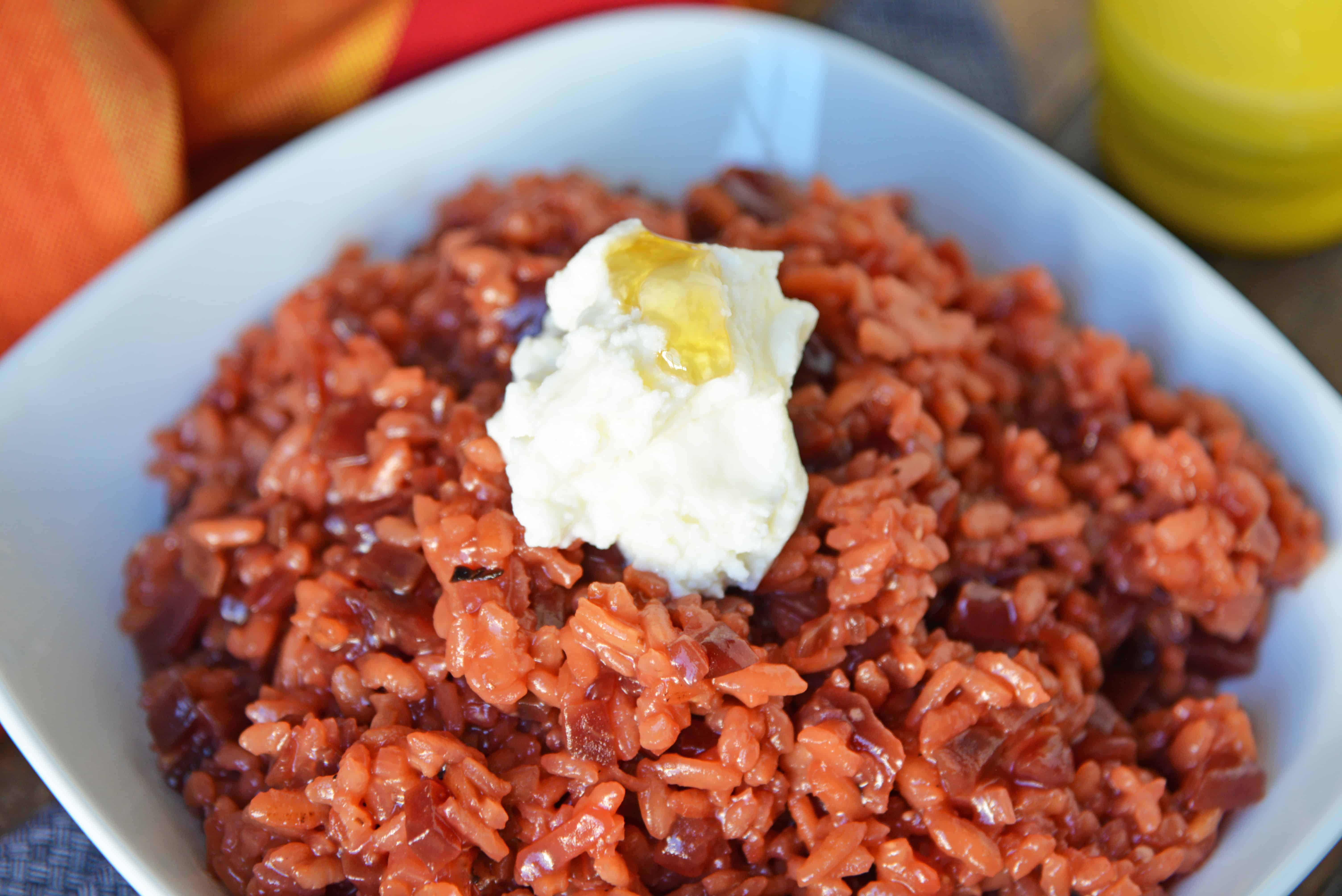Beet Risotto is an easy risotto recipe that uses beets, shallots and garlic for a vibrant dish. Top with cool ricotta and honey. #beetrisotto #howtomakerisotto www.savoryexperiments.com 