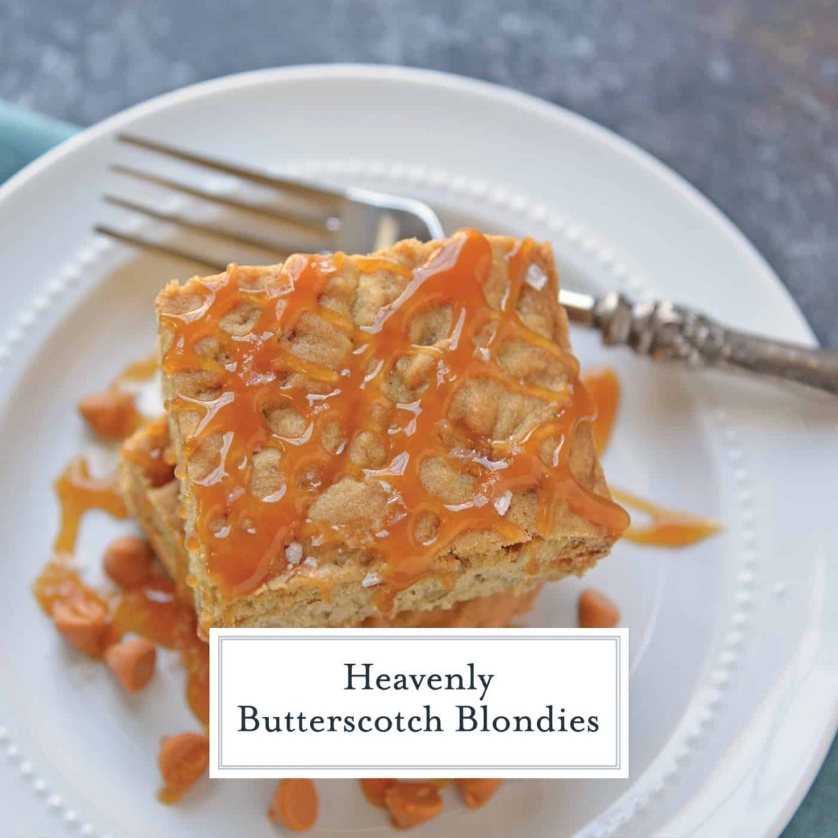 Soft Butterscotch Blondies are soft brown butter brownies loaded with butterscotch chips and drizzled with salted caramel sauce. #brownbutterbrownies #butterscotchbrownies www.savoryexperiments.com 