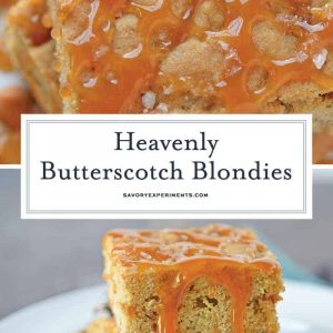 Soft Butterscotch Blondies are soft brown butter brownies loaded with butterscotch chips and drizzled with salted caramel sauce. #brownbutterbrownies #butterscotchbrownies www.savoryexperiments.com