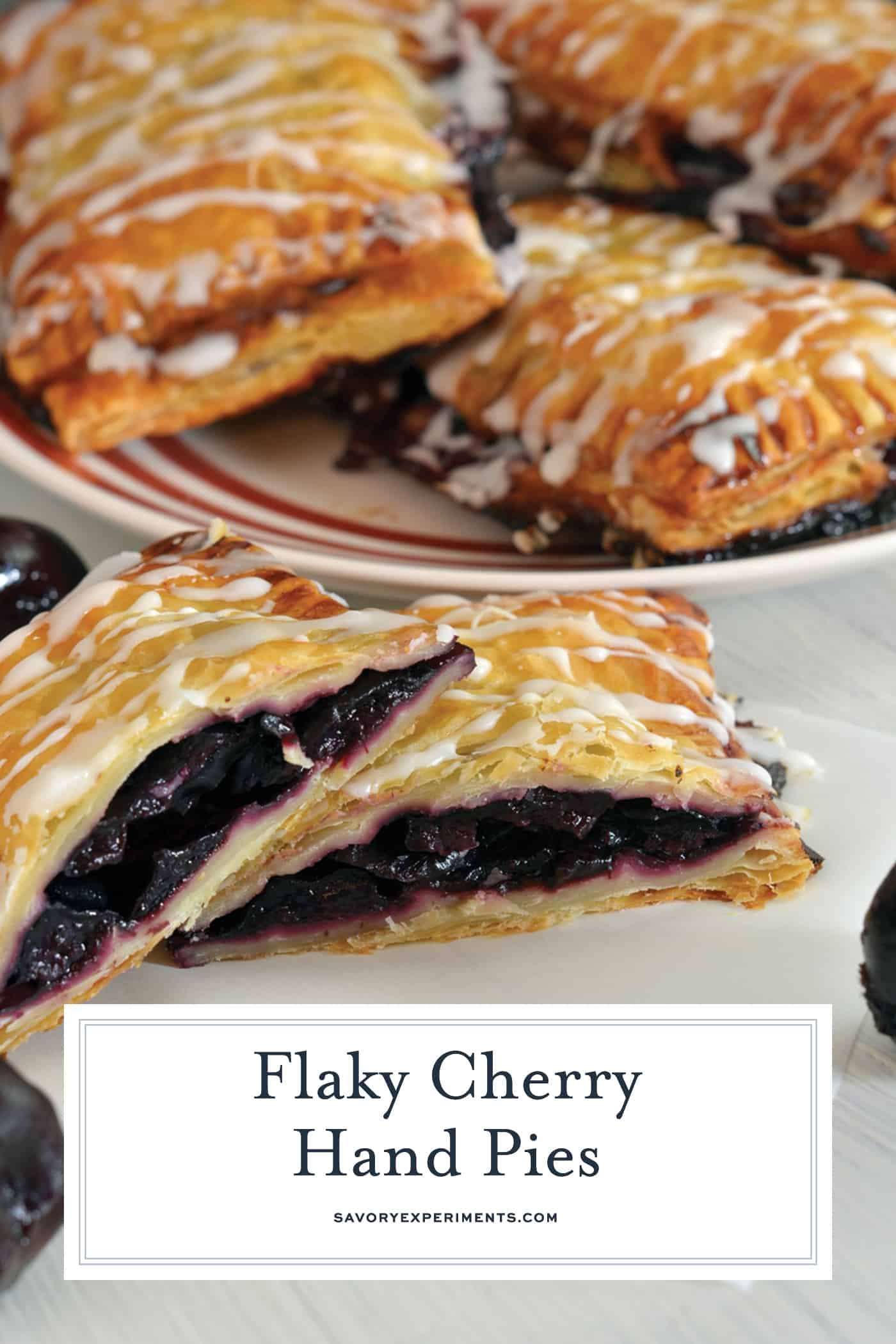 Cherry Hand Pies use 6 easy ingredients to make a quick and delicious cherry dessert. Can be made with fresh or frozen cherries. #cherryhandpies #handpierecipe www.savoryexperiments.com