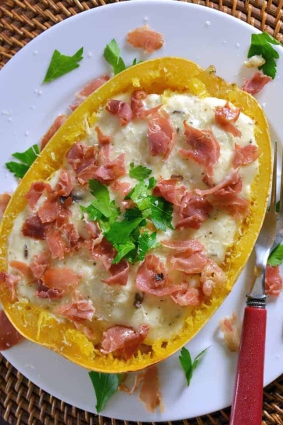 Spaghetti Squash with Crispy Prosciutto and Creamy Brie Sauce Recipe