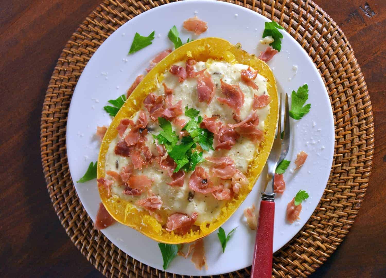 Spaghetti Squash with Crispy Prosciutto and Creamy Brie Sauce Recipe