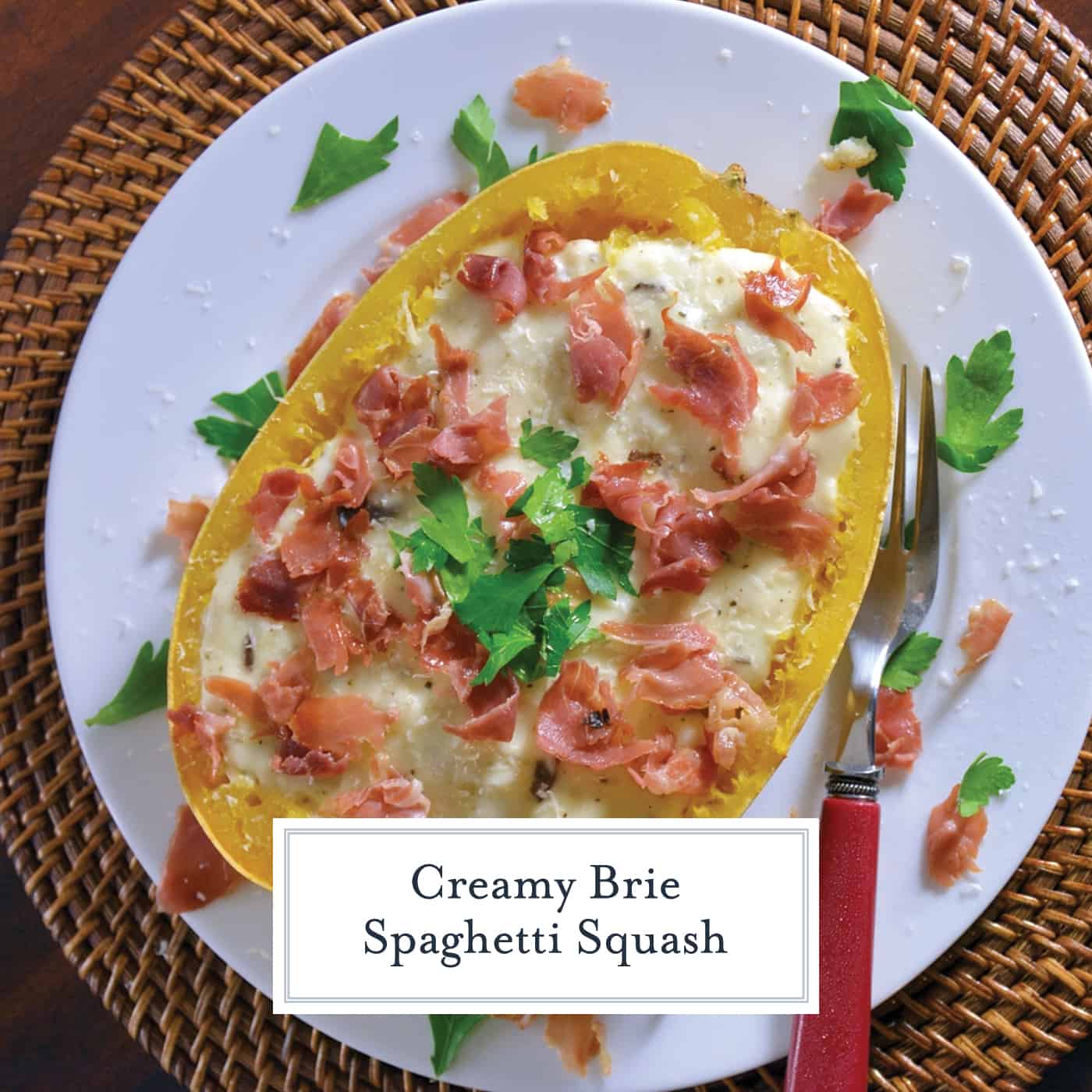 Creamy Brie Spaghetti Squash uses the tender golden strands of baked spaghetti squash and pairs them with a decedent brie sauce, mushrooms and crispy prosciutto. #bakedspaghettisquash #briesauce www.savoryexperiments.com 