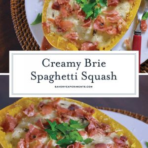 Creamy Brie Spaghetti Squash uses the tender golden strands of baked spaghetti squash and pairs them with a decedent brie sauce, mushrooms and crispy prosciutto. #bakedspaghettisquash #briesauce www.savoryexperiments.com