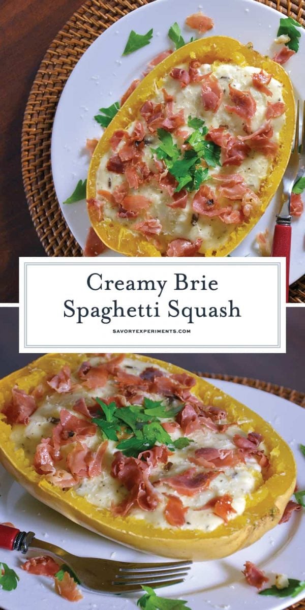 Creamy Brie Spaghetti Squash uses the tender golden strands of baked spaghetti squash and pairs them with a decedent brie sauce, mushrooms and crispy prosciutto. #bakedspaghettisquash #briesauce www.savoryexperiments.com