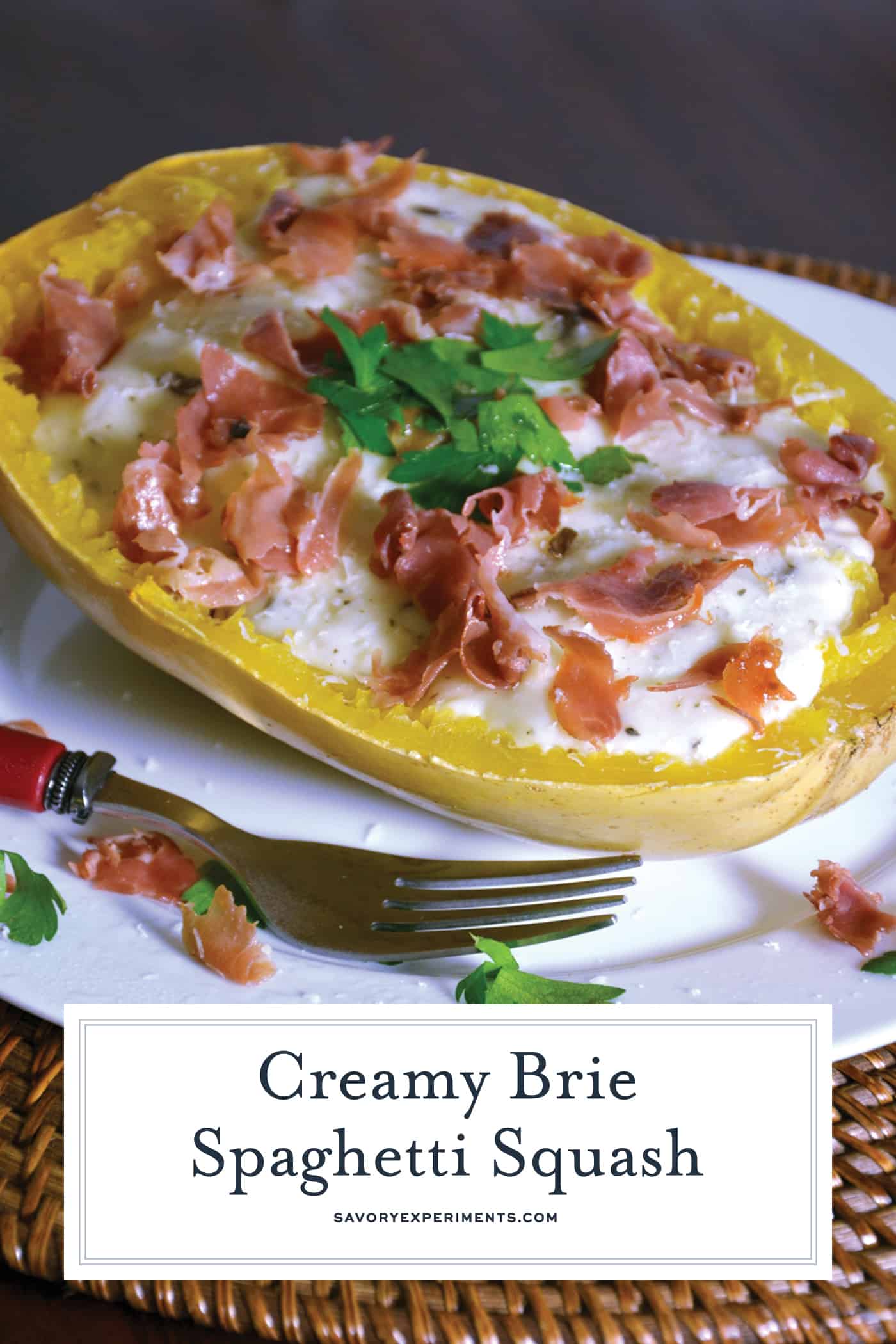Creamy Brie Spaghetti Squash uses the tender golden strands of baked spaghetti squash and pairs them with a decedent brie sauce, mushrooms and crispy prosciutto. #bakedspaghettisquash #briesauce www.savoryexperiments.com