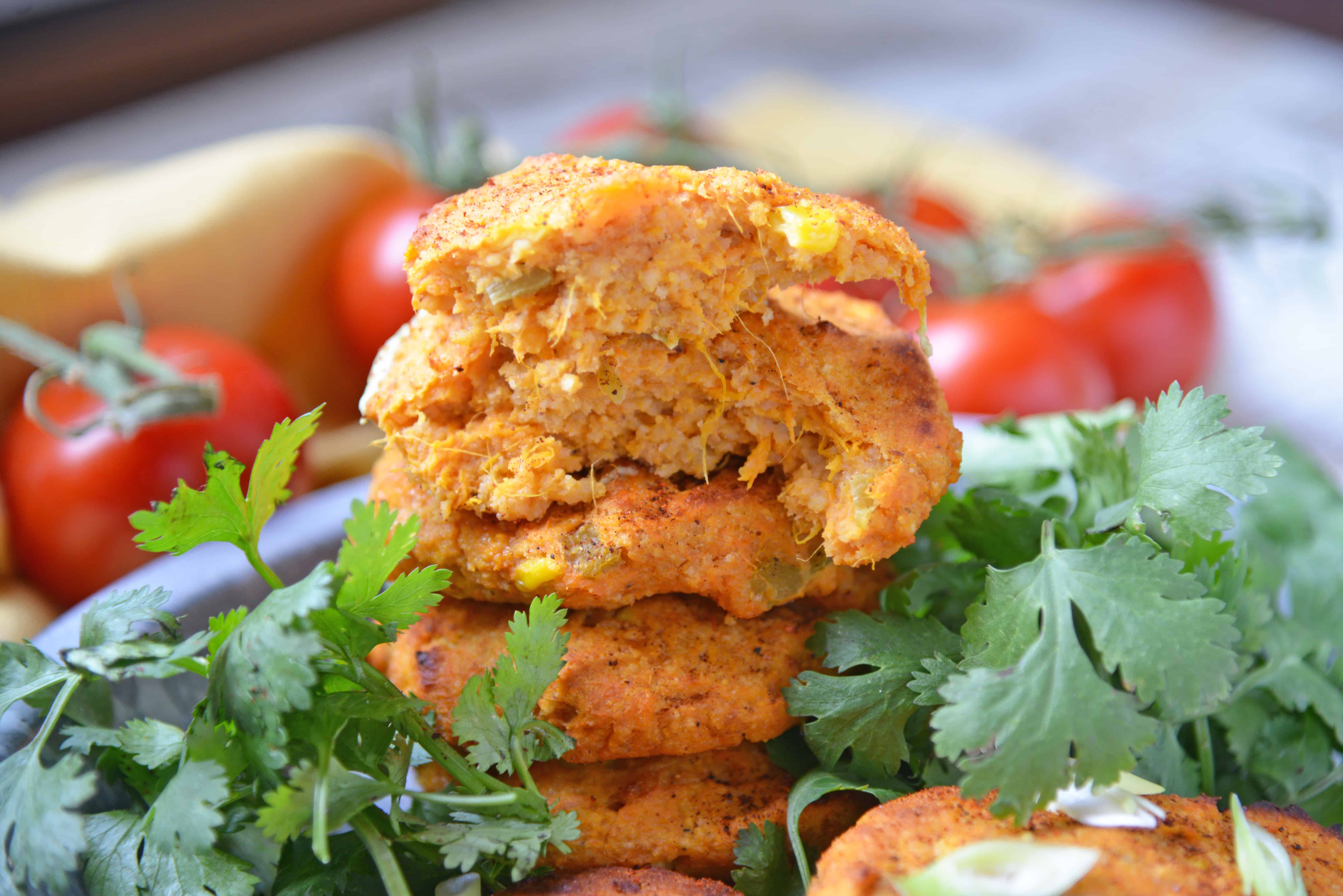 Southwestern Sweet Potato Pancakes are made with mashed sweet potatoes, green chile, corn and southwest spices making then sweet and smoky. Served with a cool, avocado dipping sauce. #potatopancakes #sweetpotatorecipe www.savoryexperiments.com