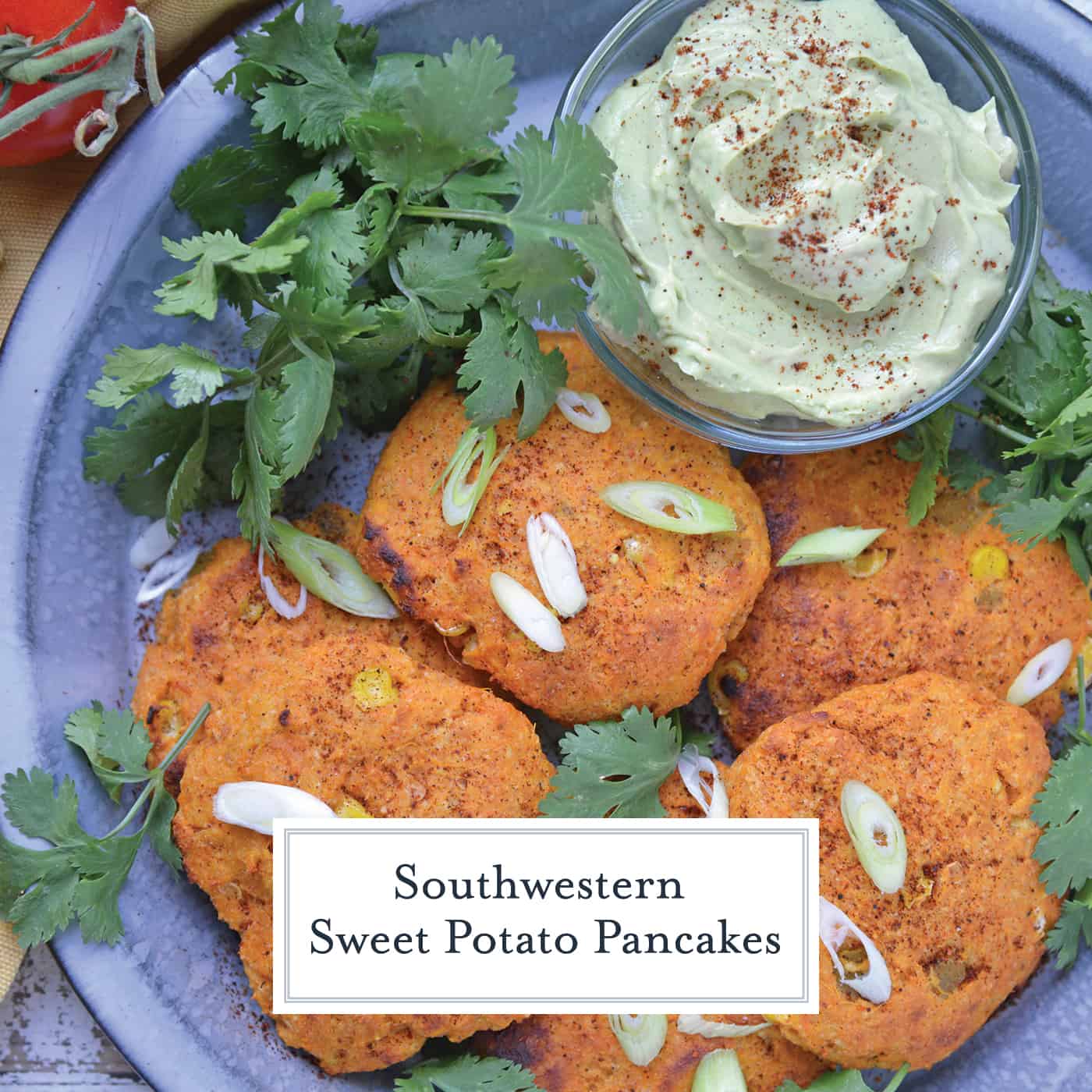 Southwestern Sweet Potato Pancakes are made with mashed sweet potatoes, green chile, corn and southwest spices making then sweet and smoky. Served with a cool, avocado dipping sauce. #potatopancakes #sweetpotatorecipe www.savoryexperiments.com