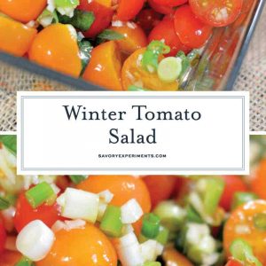 Winter Tomato Salad uses multi-colored cherry tomatoes, lots of garlic, good olive oil and basil to make a tasty side dish recipe perfect for the winter months. #tomatosalad #tomatosidedishes www.savoryexperiments.com