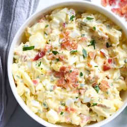 close up of egg salad with bacon in a serving bowl