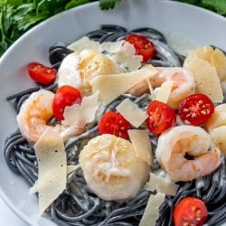 Overhead shot of black pasta in a white bowl with shrimp and scallops