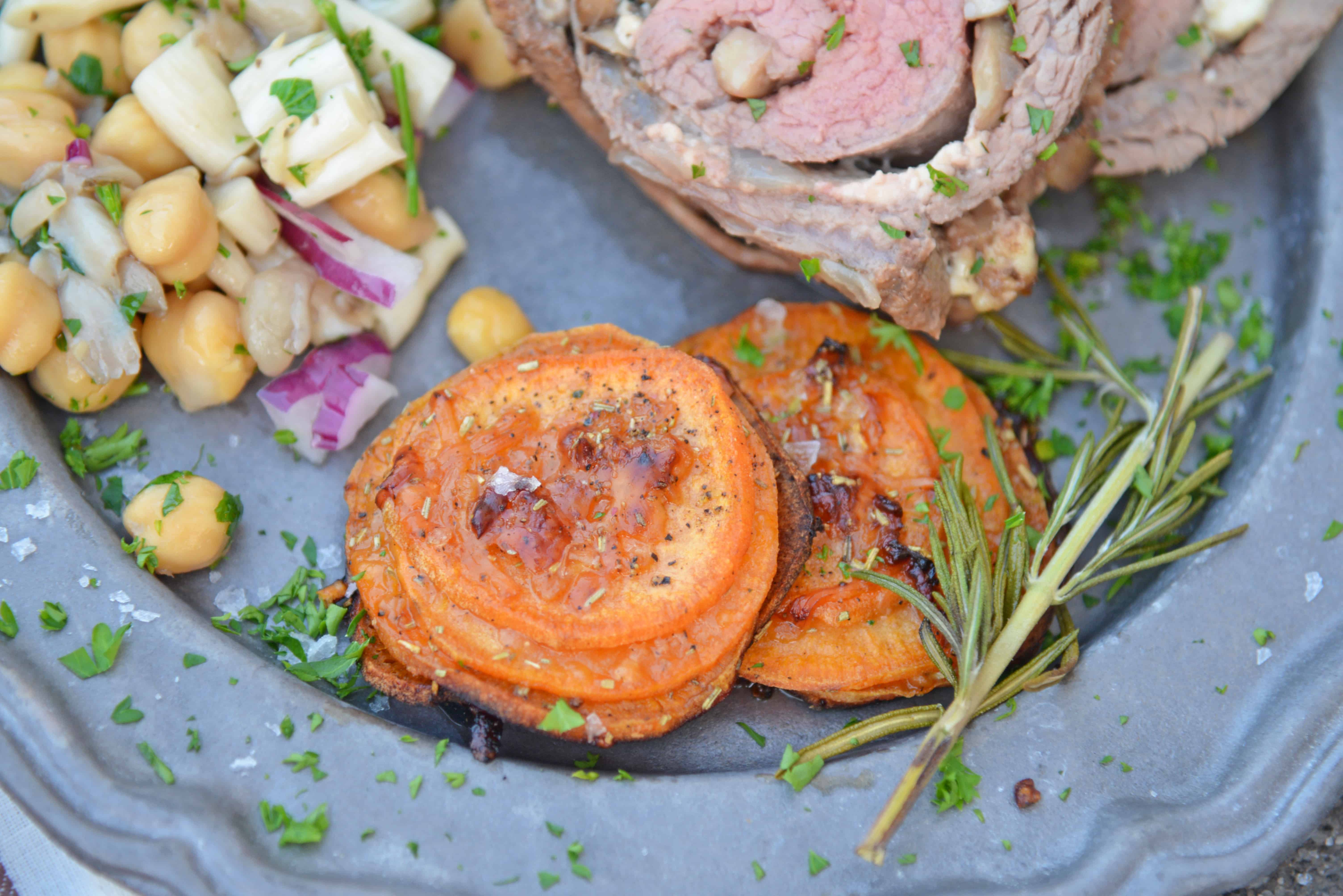 Rosemary Sweet Potato Stacks are a simple and visually appealing side dish or appetizer fit for any occasion. #sweetpotatostacks #sweetpotatoes www.savoryexperiments.com