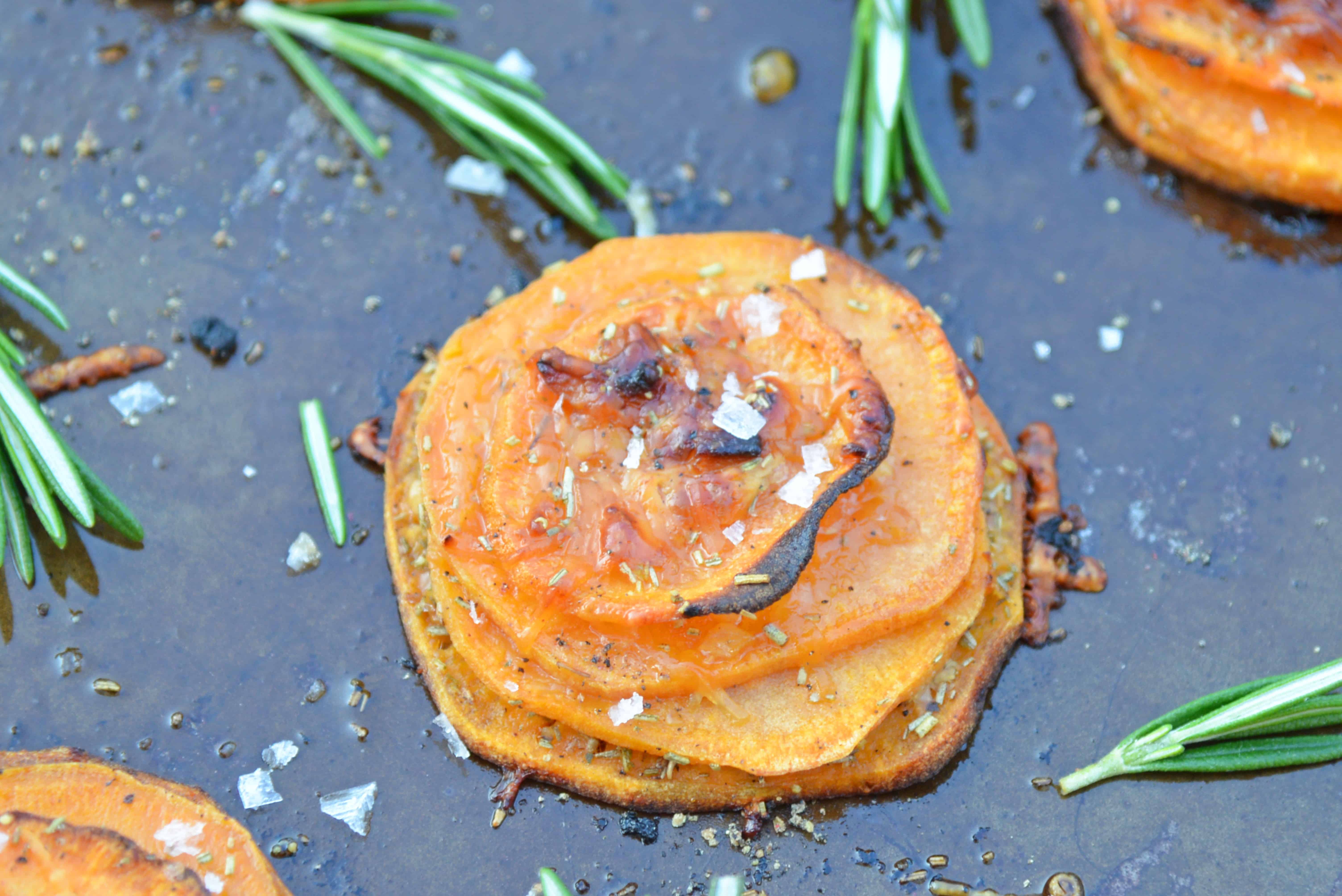 Rosemary Sweet Potato Stacks are a simple and visually appealing side dish or appetizer fit for any occasion. #sweetpotatostacks #sweetpotatoes www.savoryexperiments.com