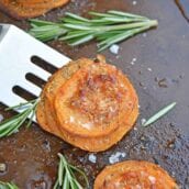 Rosemary Sweet Potato Stacks are a simple and visually appealing side dish or appetizer fit for any occasion. #sweetpotatostacks #sweetpotatoes www.savoryexperiments.com