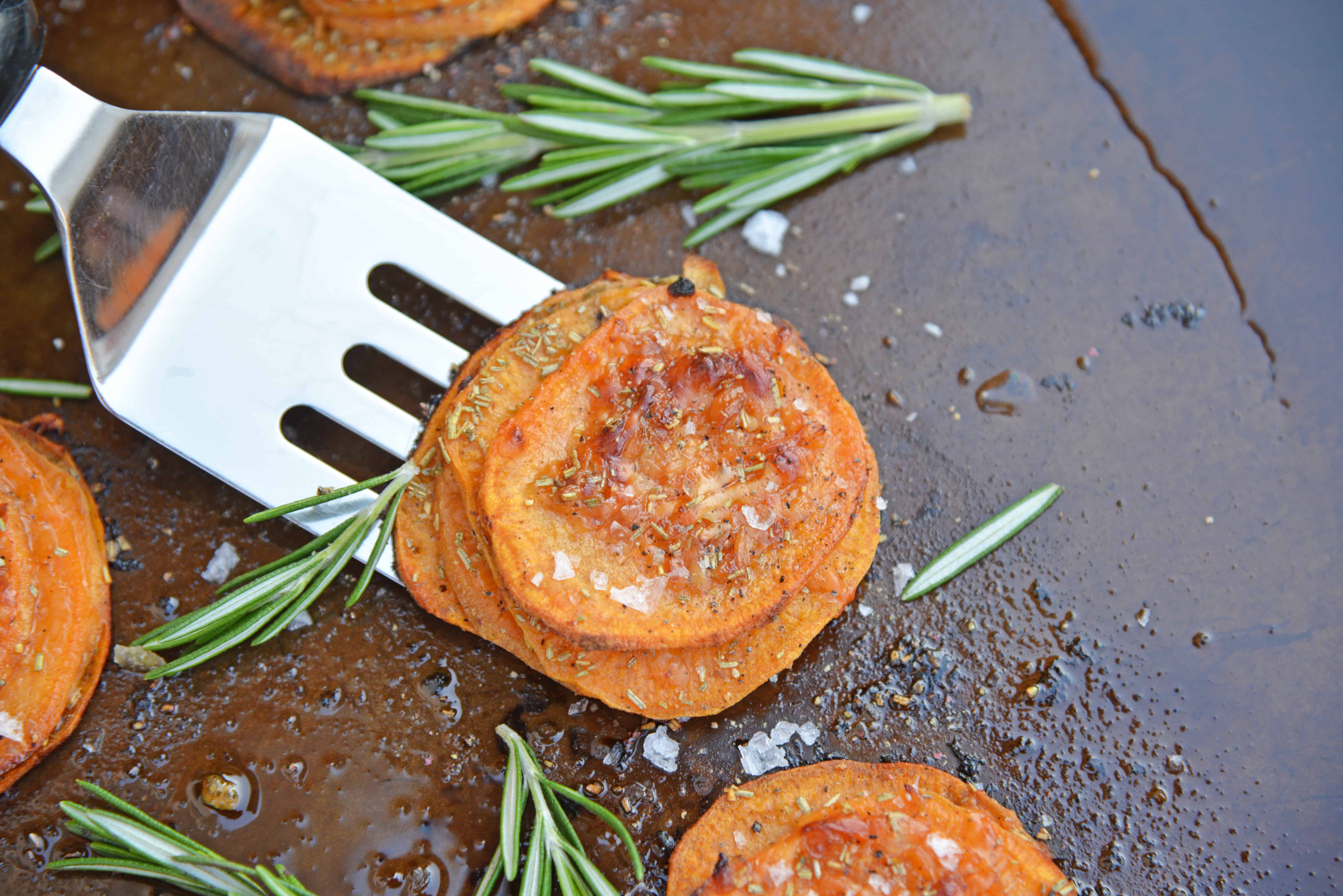 Rosemary Sweet Potato Stacks are a simple and visually appealing side dish or appetizer fit for any occasion. #sweetpotatostacks #sweetpotatoes www.savoryexperiments.com