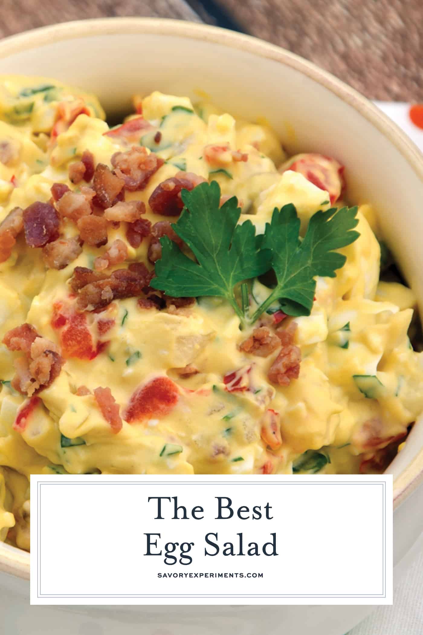 This is the freshest, best Egg Salad ever! Boiled Eggs mixed lightly with mayonnaise with sweet onion, red bell pepper, bacon and lemon juice! #eggsalad www.savoryexperiments.com