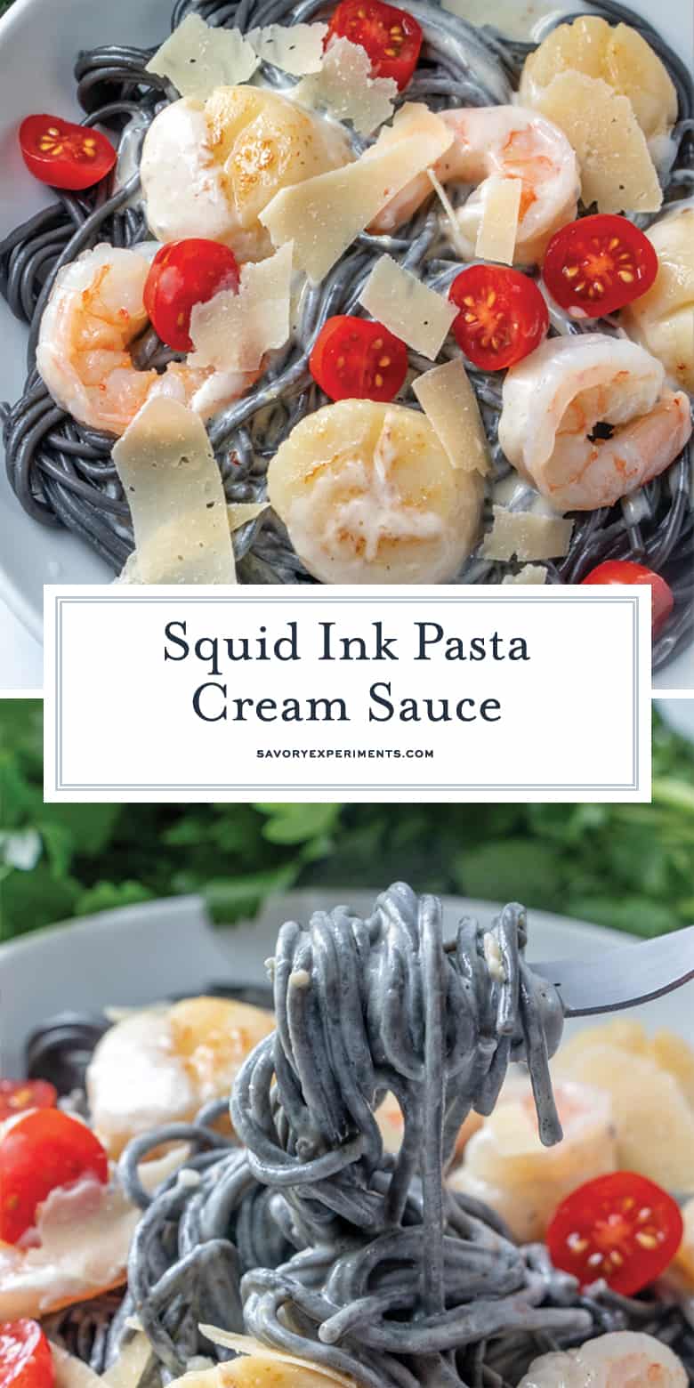 Squid ink pasta with white wine cream sauce for pinterest