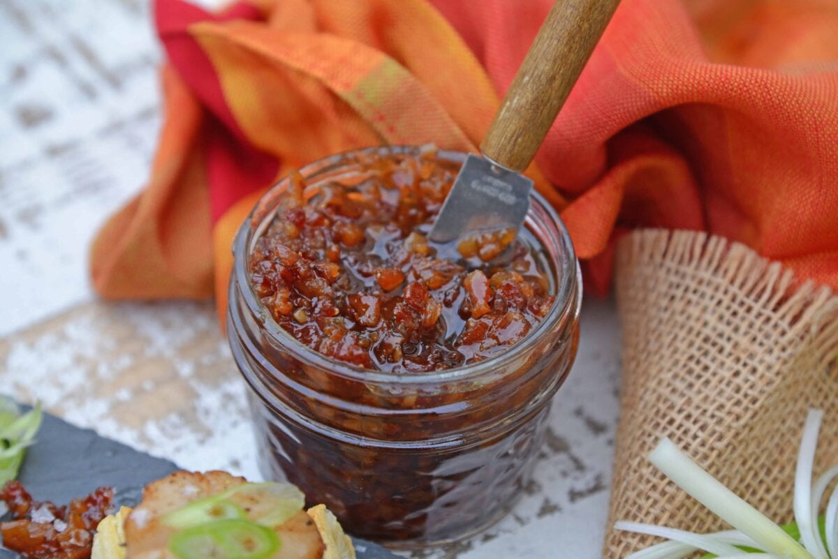 My Bourbon Bacon Jam Recipe will change the way you see jam. This jam is sweet and savory and also happens to be the most versatile condiment around.  #bourbon #bacon #baconjam www.savoryexperiments.com