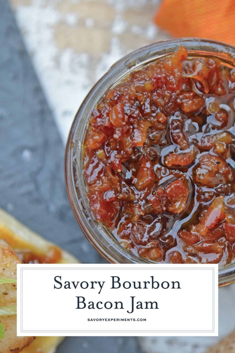 My Bourbon Bacon Jam Recipe will change the way you see jam. This jam is sweet and savory and also happens to be the most versatile condiment around.  #bourbon #bacon #baconjam www.savoryexperiments.com