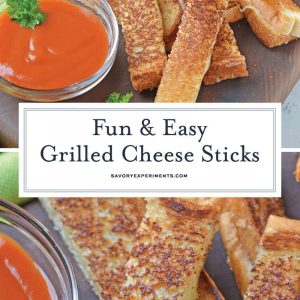 Grilled Cheese Sticks make your childhood favorite into a party-worthy appetizer! Pair with tomato soup or tomato jam for an upscale grilled cheese sandwich recipe. #grilledcheeserecipe www.savoryexperiments.com