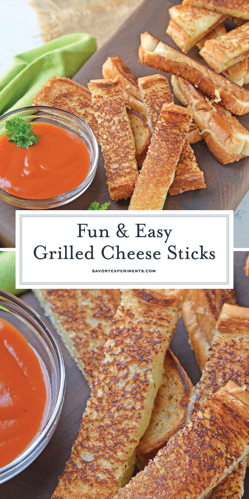 Grilled Cheese Sticks make your childhood favorite into a party-worthy appetizer! Pair with tomato soup or tomato jam for an upscale grilled cheese sandwich recipe. #grilledcheeserecipe www.savoryexperiments.com 