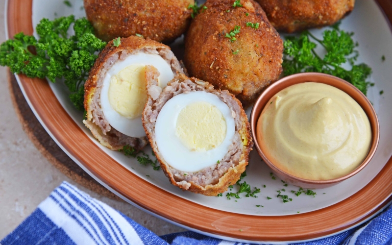 Scotch Eggs on a platter, one cut in half
