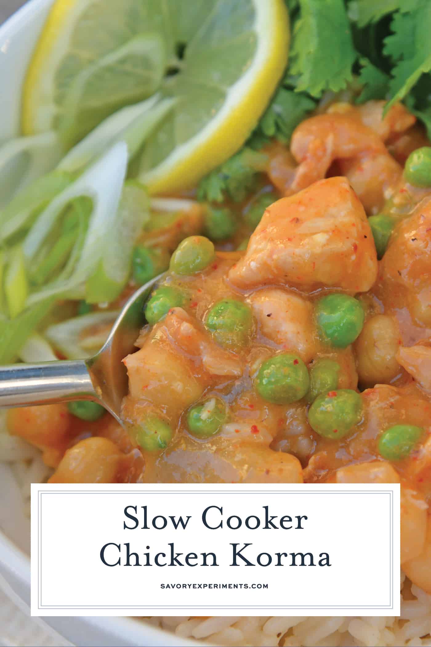Slow Cooker Chicken Korma is a healthier way to prepare dinner! Only 10 minutes of prep time and into the pot! Loaded with dietary fiber and protein. #chickenkorma #easyindianrecipes #redcurryrecipes www.savoryexperiments.com