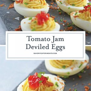 Tomato Jam Deviled Eggs use sweet tomato jam with tangy horseradish in a devilishly creamy deviled egg filling. Top with chives and serve! #deviledeggs www.savoryexperiments.com