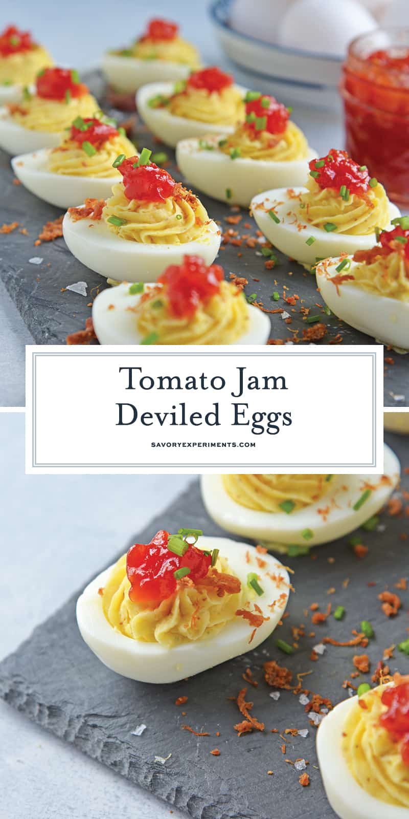 Tomato Jam Deviled Eggs use sweet tomato jam with tangy horseradish in a devilishly creamy deviled egg filling. Top with chives and serve! #deviledeggs www.savoryexperiments.com 