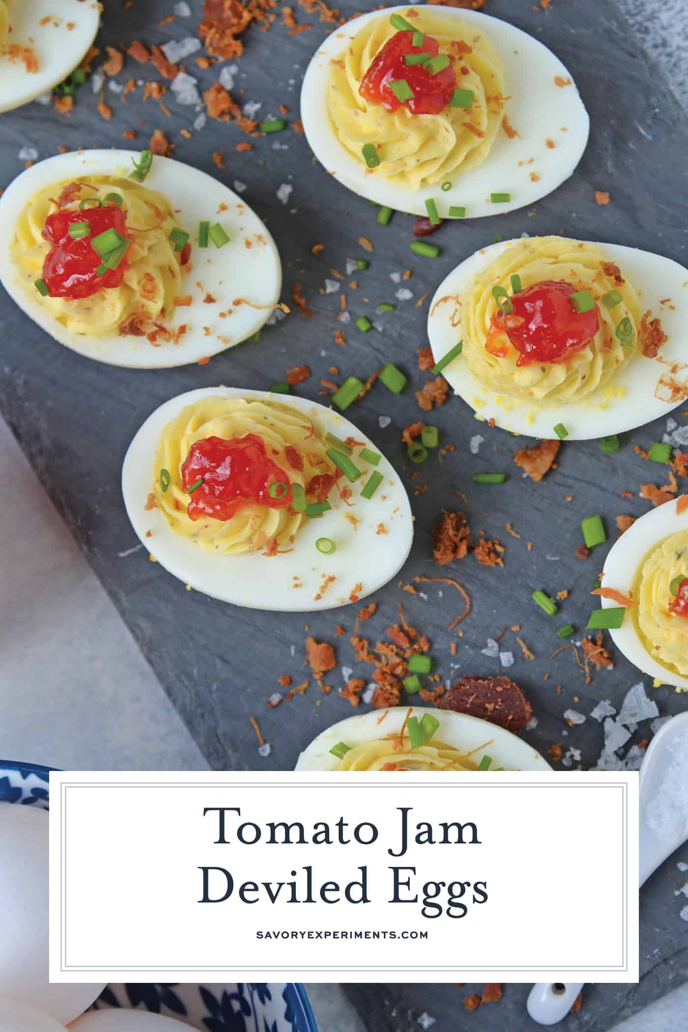 overhead shot of tomato jam deviled eggs with text overlay
