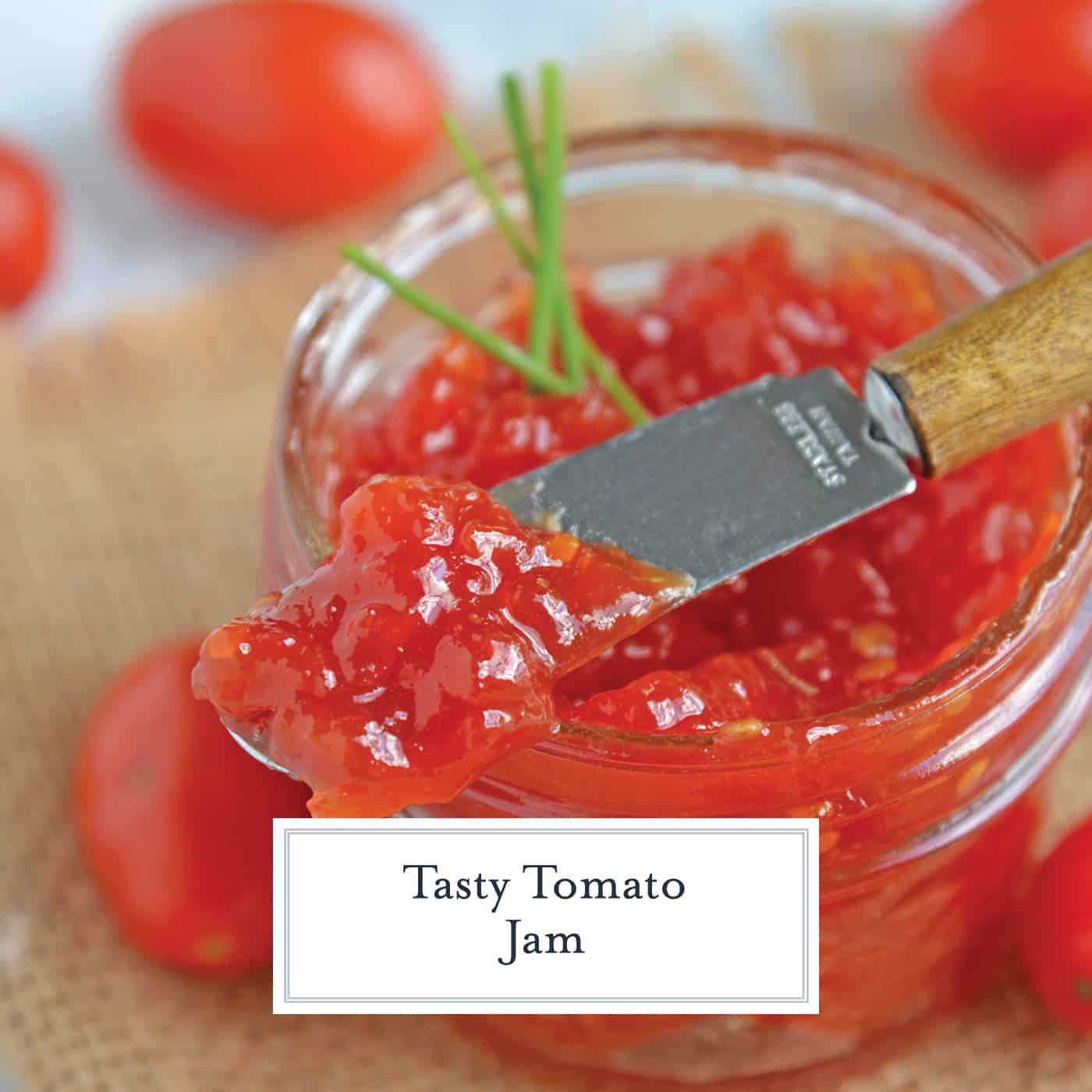 Tangy and sweet, tomato jam is excellent on everything from grilled cheese to deviled eggs, hamburgers and charcuterie boards. #tomatojam #homemadejamrecipe www.savoryexperiments.com