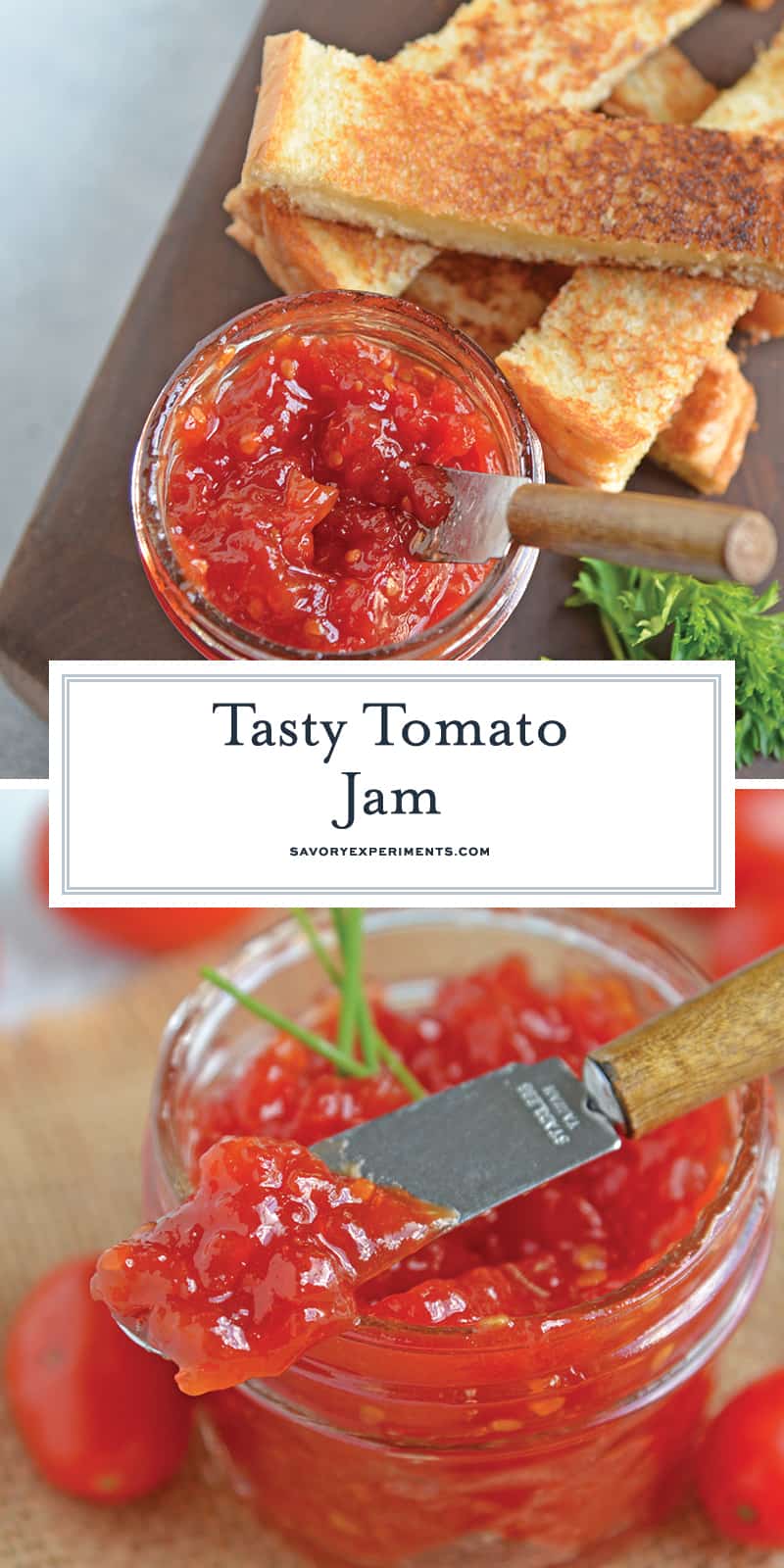 Tangy and sweet, tomato jam is excellent on everything from grilled cheese to deviled eggs, hamburgers and charcuterie boards. #tomatojam #homemadejamrecipe www.savoryexperiments.com 