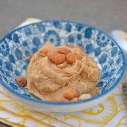 Peanut butter cookie dough in a blue bowl