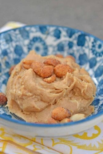 Peanut butter cookie dough in a blue bowl