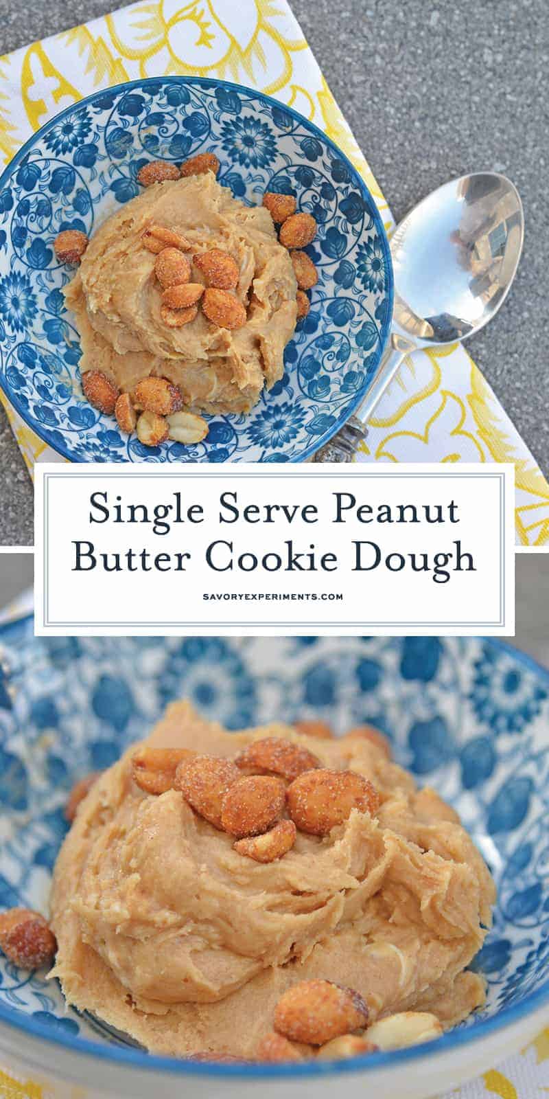 Indulge in small bowl of heaven: eggless single serve Peanut Butter Cookie Dough. You know you want some. #ediblecookiedough #singleservecookiedough #peanutbuttercookiedough www.savoryexperiments.com