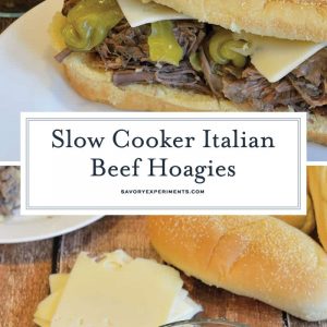 Slow Cooker Italian Beef Hoagies is pot roast cooked in pepperoncini chiles until fork tender, then smothered in cheese and serve on a hoagie roll. Great for parties too! #italianbeefhoagies #mississippipotroast www.savoryexperiments.com