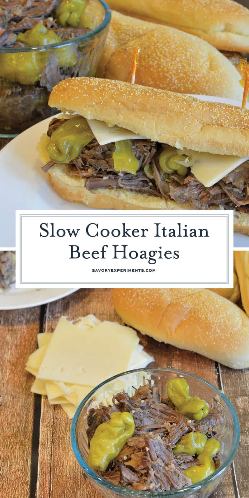Slow Cooker Italian Beef Hoagies is pot roast cooked in pepperoncini chiles until fork tender, then smothered in cheese and serve on a hoagie roll. Great for parties too! #italianbeefhoagies #mississippipotroast www.savoryexperiments.com